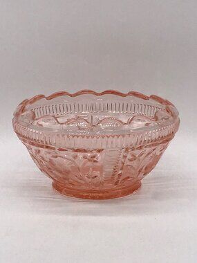 Vintage Pink Depression Glass Scalloped Bowl With Floral Pattern 8" Diameter